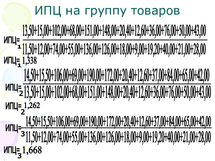 ИПЦ на группу товаров ИПЦ= 13,50+15,00+102,00+68,00+151,00+148,00+20,40+12,60+36,00+76,00+50,00+43,00 11,50+12,00+74,00+55,00+136,00+126,00+18,00+9,00+19,20+40,00+21,00+28,00 1 ИПЦ= 1 1,338