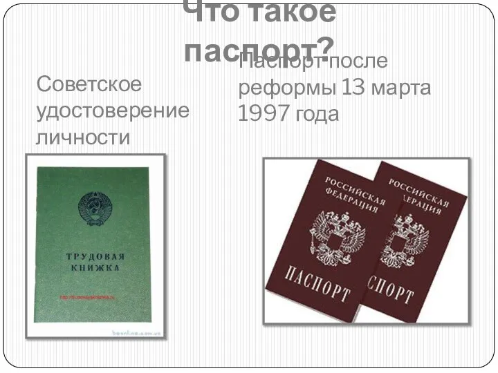 Что такое паспорт? Советское удостоверение личности Паспорт после реформы 13 марта 1997 года