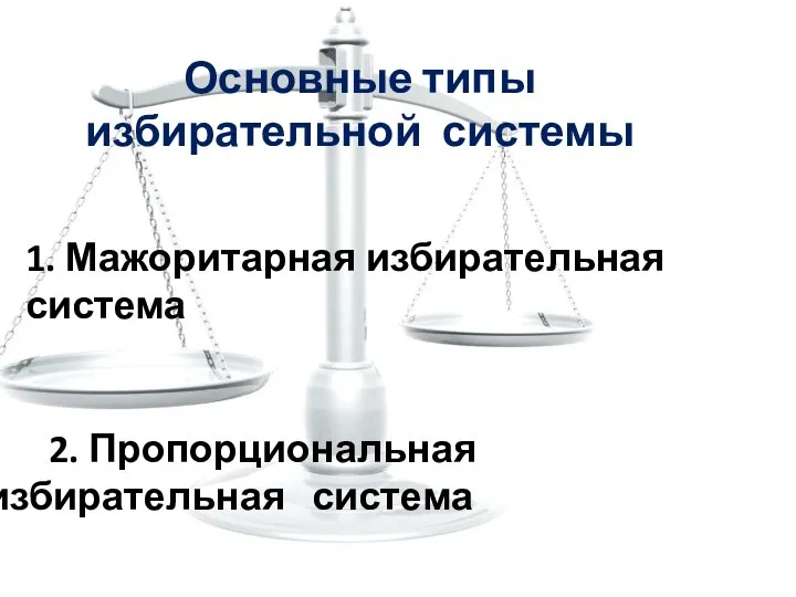 Основные типы избирательной системы 1. Мажоритарная избирательная система 2. Пропорциональная избирательная система