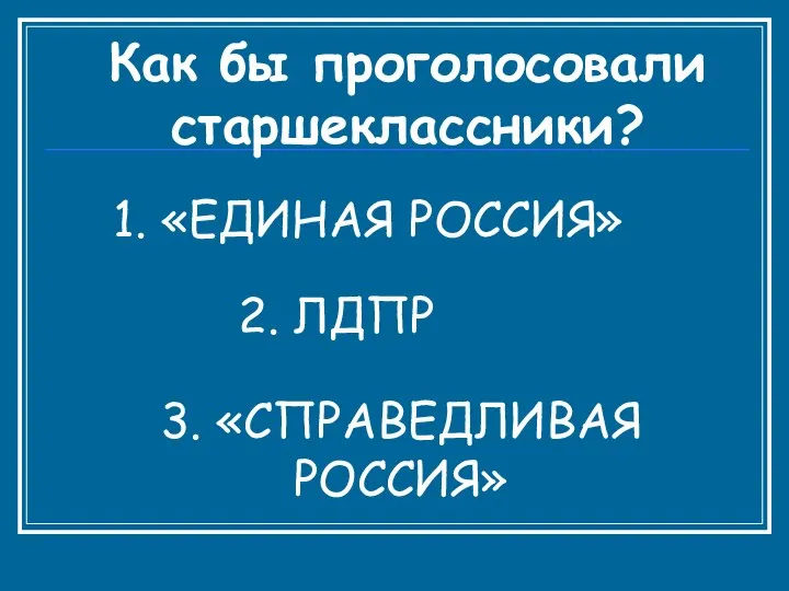 Как бы проголосовали старшеклассники? 1. «ЕДИНАЯ РОССИЯ» 2. ЛДПР 3. «СПРАВЕДЛИВАЯ РОССИЯ»