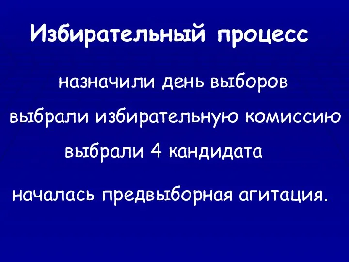 Избирательный процесс назначили день выборов выбрали избирательную комиссию выбрали 4 кандидата началась предвыборная агитация.