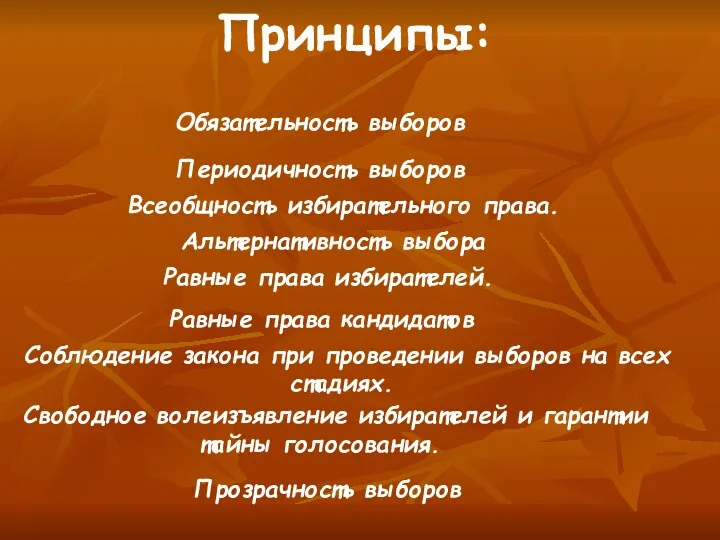 Принципы: Периодичность выборов Обязательность выборов Всеобщность избирательного права. Альтернативность выбора Равные