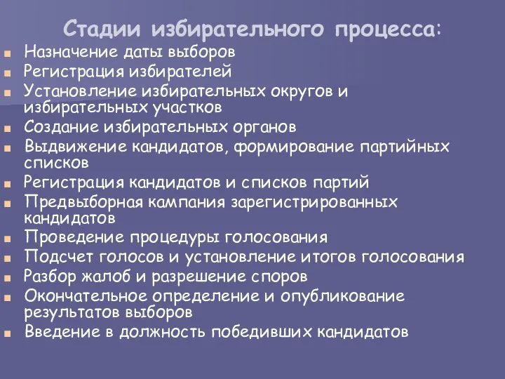 Стадии избирательного процесса: Назначение даты выборов Регистрация избирателей Установление избирательных округов