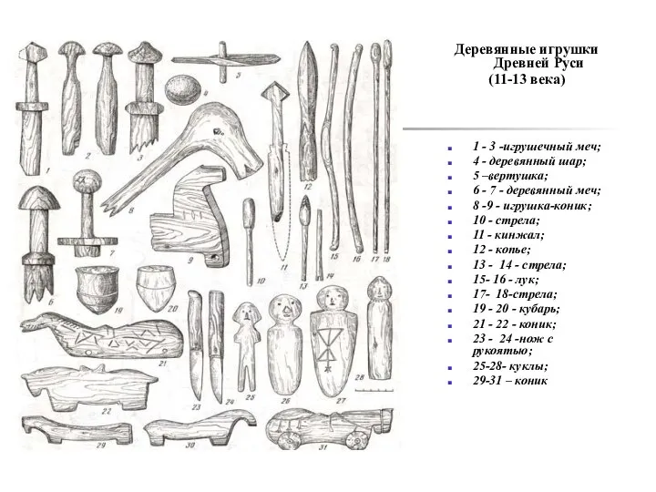 Деревянные игрушки Древней Руси (11-13 века) 1 - 3 -игрушечный меч;