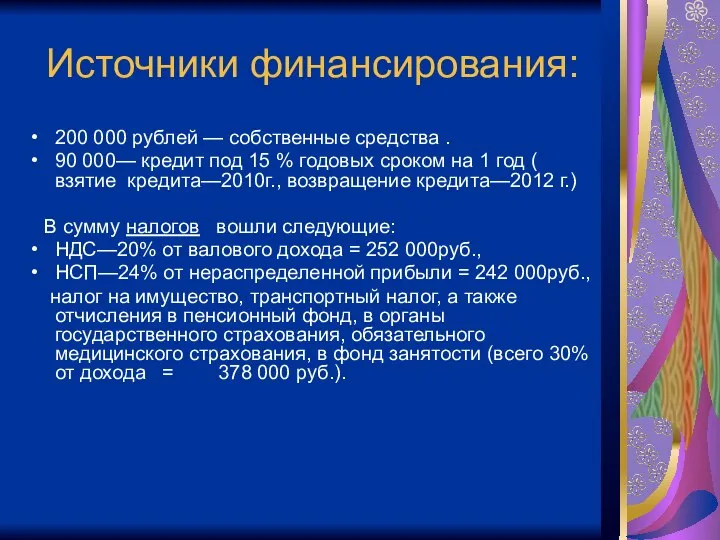 Источники финансирования: 200 000 рублей — собственные средства . 90 000—