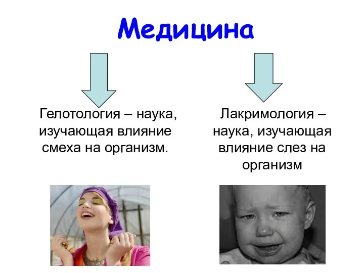 Медицина Гелотология – наука, изучающая влияние смеха на организм. Лакримология –