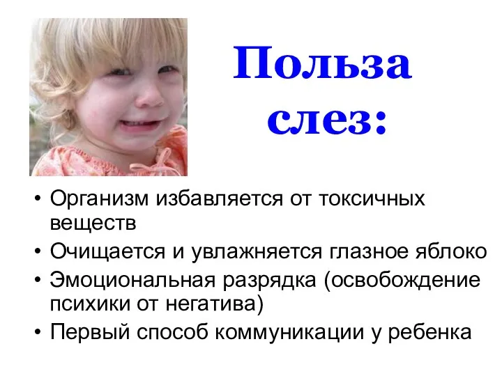 Польза слез: Организм избавляется от токсичных веществ Очищается и увлажняется глазное