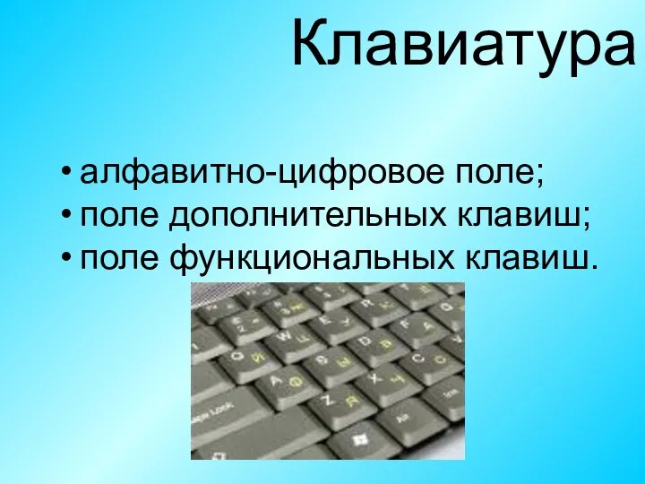 алфавитно-цифровое поле; поле дополнительных клавиш; поле функциональных клавиш. Клавиатура