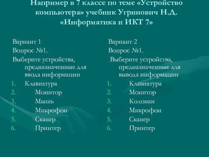 Например в 7 классе по теме «Устройство компьютера» учебник Угринович Н.Д.