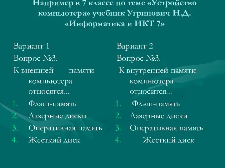 Например в 7 классе по теме «Устройство компьютера» учебник Угринович Н.Д.