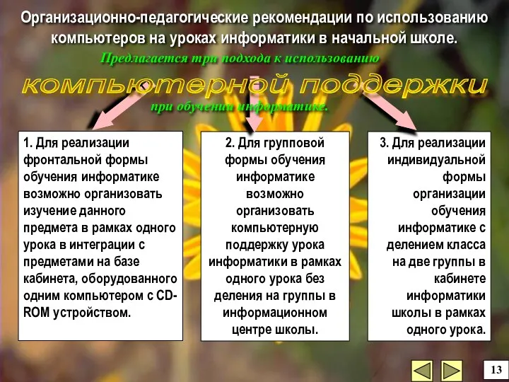 Организационно-педагогические рекомендации по использованию компьютеров на уроках информатики в начальной школе.