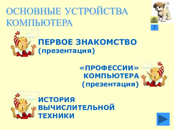 ОСНОВНЫЕ УСТРОЙСТВА КОМПЬЮТЕРА ПЕРВОЕ ЗНАКОМСТВО (презентация) ИСТОРИЯ ВЫЧИСЛИТЕЛЬНОЙ ТЕХНИКИ «ПРОФЕССИИ» КОМПЬЮТЕРА (презентация)