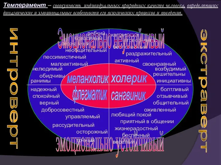 Темперамент – совокупность индивидуальных природных качеств человека, определяющих динамические и эмоциональные