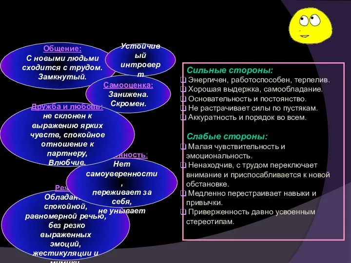 Флегматик Сильные стороны: Энергичен, работоспособен, терпелив. Хорошая выдержка, самообладание. Основательность и