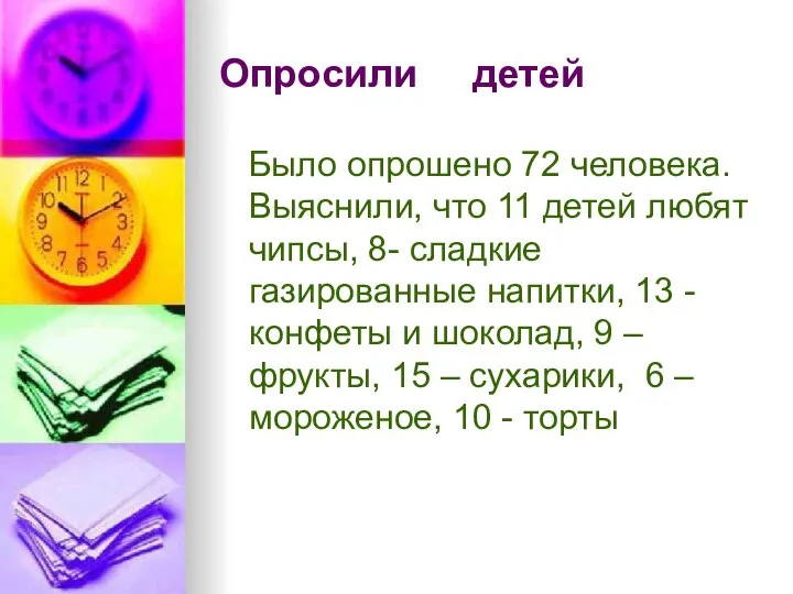 Опросили детей Было опрошено 72 человека. Выяснили, что 11 детей любят