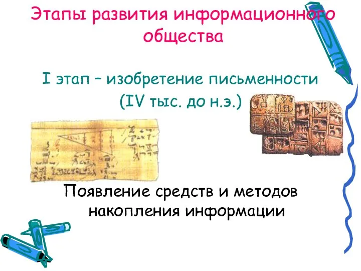 Этапы развития информационного общества I этап – изобретение письменности (IV тыс.