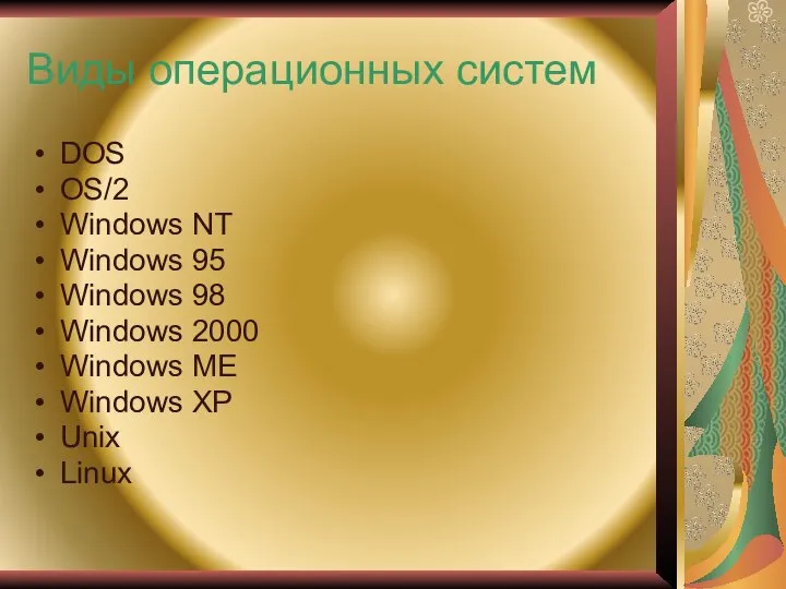 Виды операционных систем DOS OS/2 Windows NT Windows 95 Windows 98