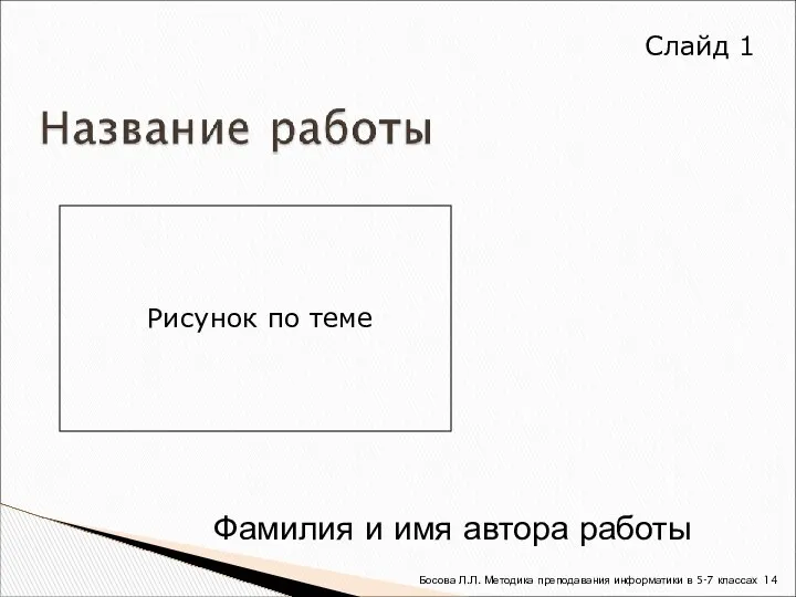 Фамилия и имя автора работы Рисунок по теме Слайд 1 Босова