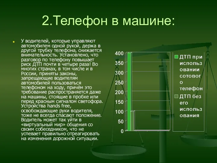 2.Телефон в машине: У водителей, которые управляют автомобилем одной рукой, держа