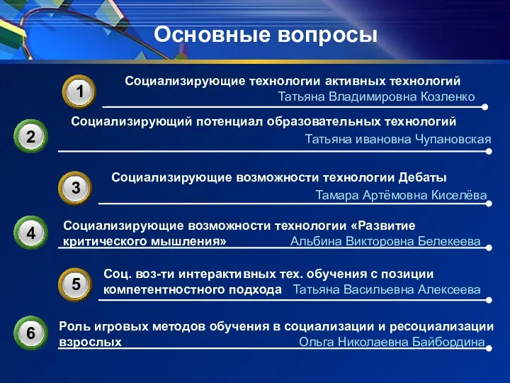 Основные вопросы Социализирующие технологии активных технологий Татьяна Владимировна Козленко Социализирующие возможности