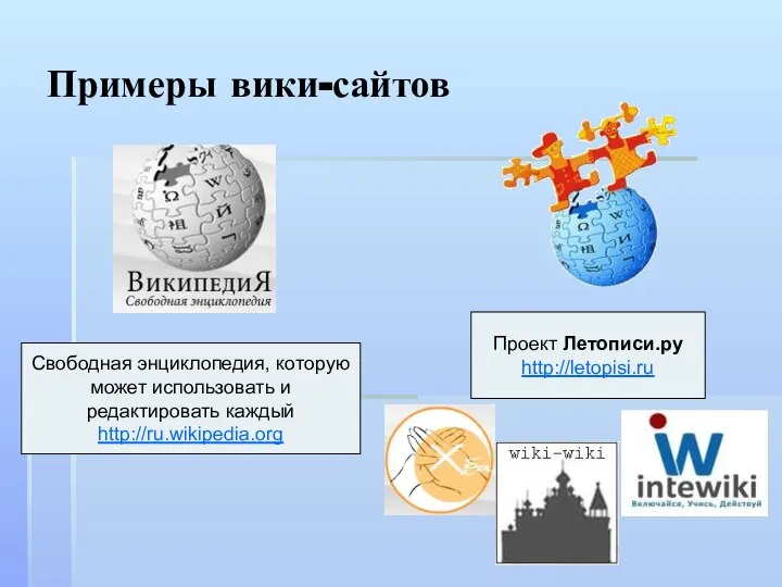 Примеры вики-сайтов Свободная энциклопедия, которую может использовать и редактировать каждый http://ru.wikipedia.org Проект Летописи.ру http://letopisi.ru