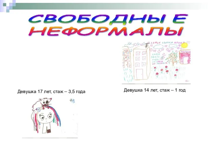 Девушка 14 лет, стаж – 1 год Девушка 17 лет, стаж – 3,5 года СВОБОДНЫЕ НЕФОРМАЛЫ