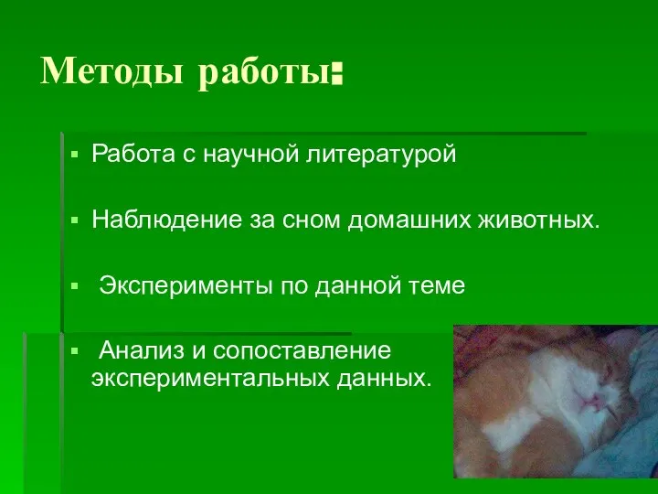 Методы работы: Работа с научной литературой Наблюдение за сном домашних животных.