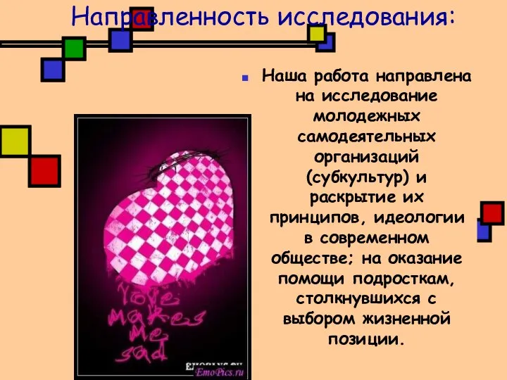 Направленность исследования: Наша работа направлена на исследование молодежных самодеятельных организаций (субкультур)