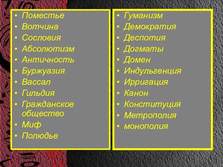 Поместье Вотчина Сословия Абсолютизм Античность Буржуазия Вассал Гильдия Гражданское общество Миф