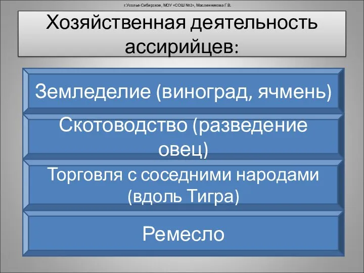 Хозяйственная деятельность ассирийцев: г.Усолье-Сибирское, МОУ «СОШ №2», Масленникова Г.В. Земледелие (виноград,