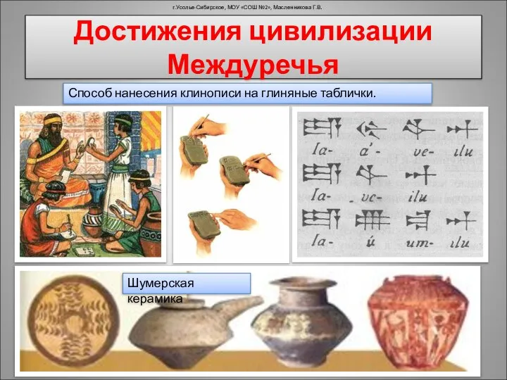 г.Усолье-Сибирское, МОУ «СОШ №2», Масленникова Г.В. Шумерская керамика Способ нанесения клинописи