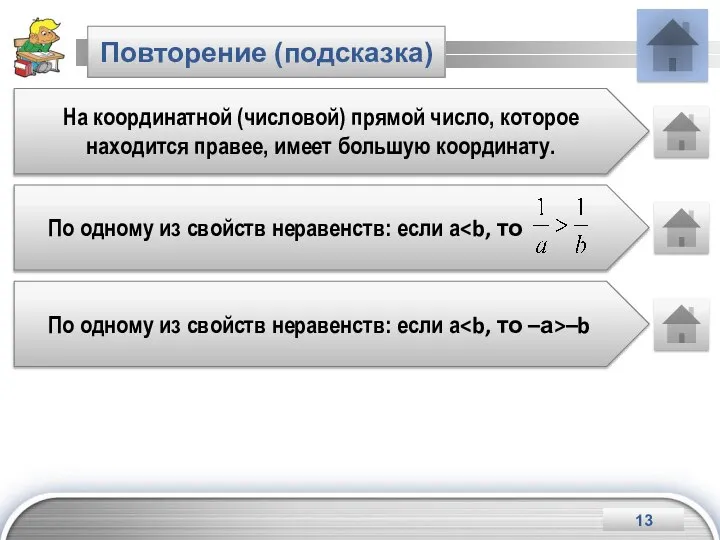 Повторение (подсказка) На координатной (числовой) прямой число, которое находится правее, имеет