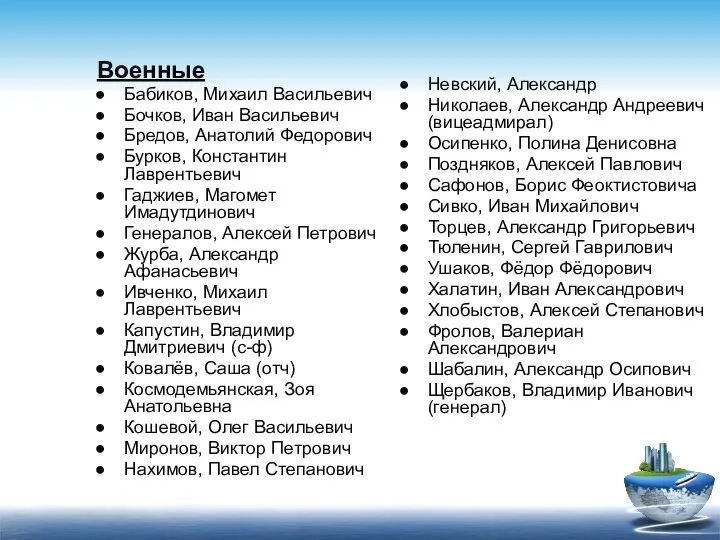 Военные Бабиков, Михаил Васильевич Бочков, Иван Васильевич Бредов, Анатолий Федорович Бурков,