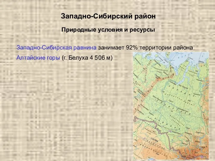 Западно-Сибирский район Западно-Сибирская равнина занимает 92% территории района Алтайские горы (г.