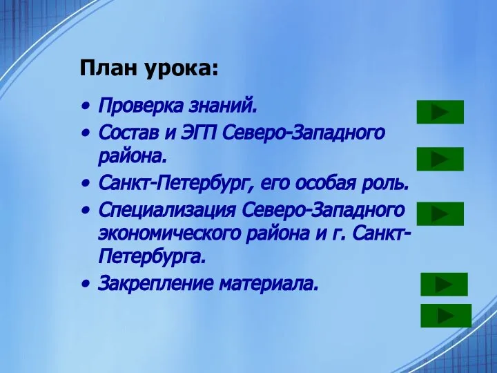 План урока: Проверка знаний. Состав и ЭГП Северо-Западного района. Санкт-Петербург, его