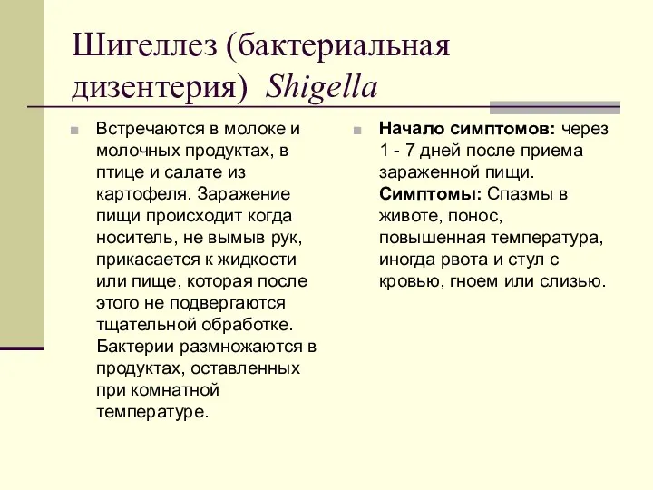 Шигеллез (бактериальная дизентерия) Shigella Встречаются в молоке и молочных продуктах, в