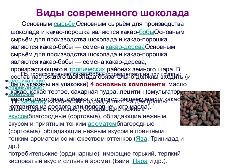 Виды современного шоколада Основным сырьёмОсновным сырьём для производства шоколада и какао-порошка