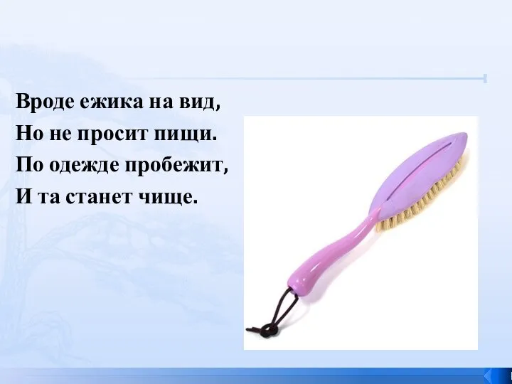 Вроде ежика на вид, Но не просит пищи. По одежде пробежит, И та станет чище.