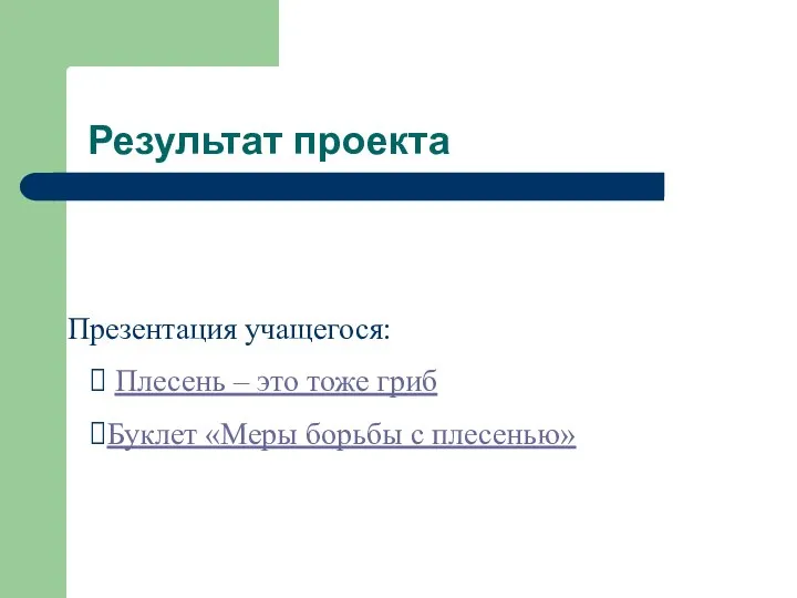 Результат проекта Презентация учащегося: Плесень – это тоже гриб Буклет «Меры борьбы с плесенью»