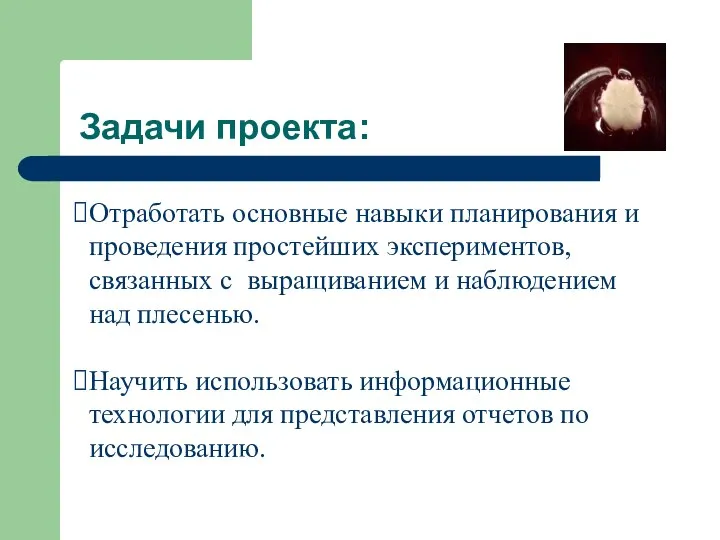 Задачи проекта: Отработать основные навыки планирования и проведения простейших экспериментов, связанных