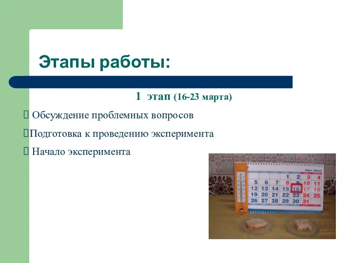 Этапы работы: 1 этап (16-23 марта) Обсуждение проблемных вопросов Подготовка к проведению эксперимента Начало эксперимента