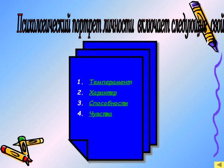 Психологический портрет личности включает следующие свойства Темперамент Характер Способности Чувства