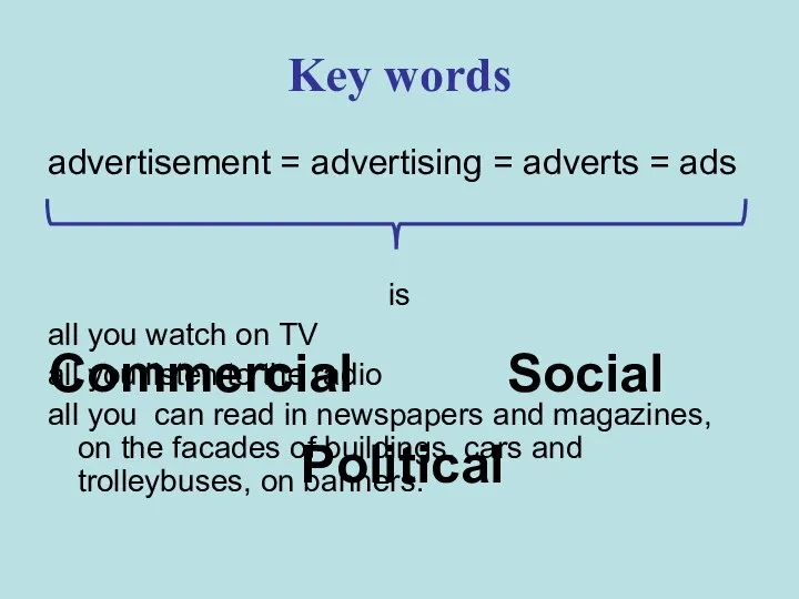 Key words advertisement = advertising = adverts = ads is all