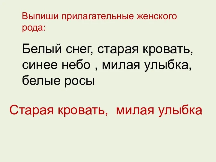 Выпиши прилагательные женского рода: Белый снег, старая кровать, синее небо ,