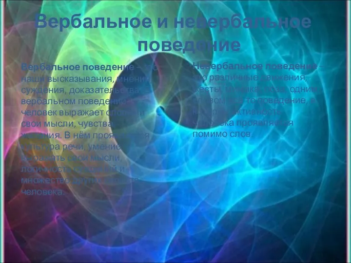 Вербальное и невербальное поведение Вербальное поведение – это наши высказывания, мнения,