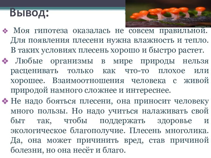 Вывод: Моя гипотеза оказалась не совсем правильной. Для появления плесени нужна