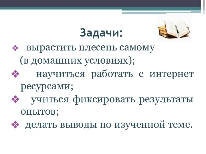 Задачи: вырастить плесень самому (в домашних условиях); научиться работать с интернет