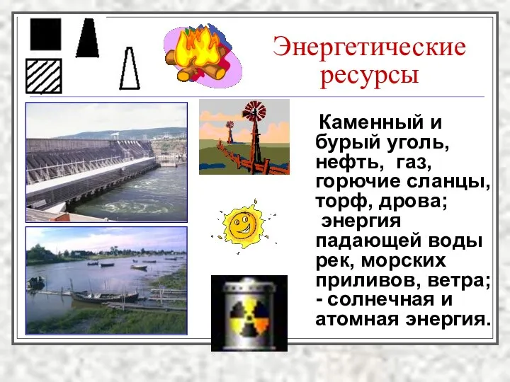 Энергетические ресурсы Каменный и бурый уголь, нефть, газ, горючие сланцы, торф,