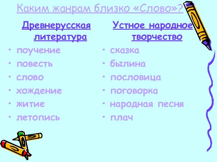 Каким жанрам близко «Слово»? Древнерусская литература поучение повесть слово хождение житие