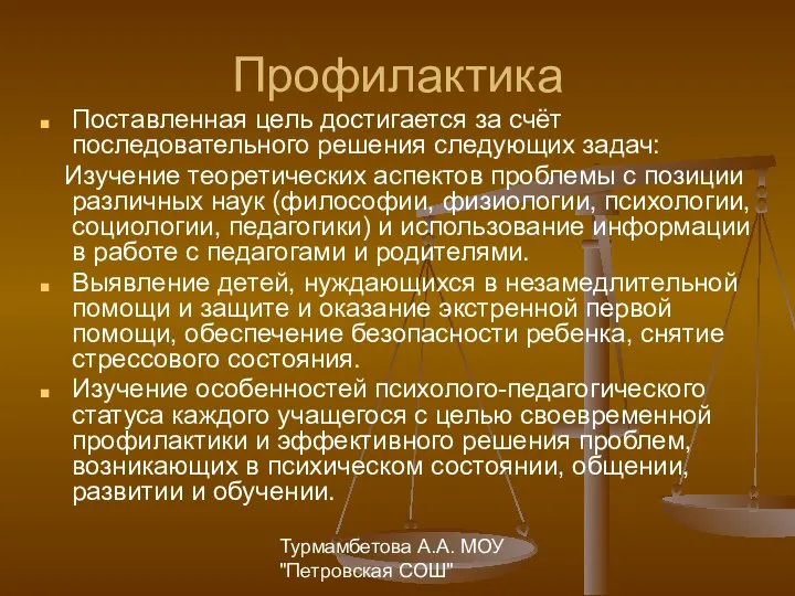 Турмамбетова А.А. МОУ "Петровская СОШ" Профилактика Поставленная цель достигается за счёт